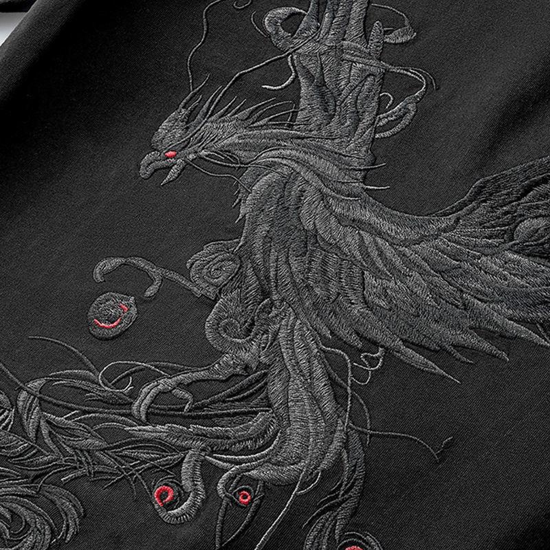 Large Size Pure Cotton Half-sleeved Trend Loose Short-sleeved T-shirt Chinese Style Men's Phoenix Embroidery T-shirt