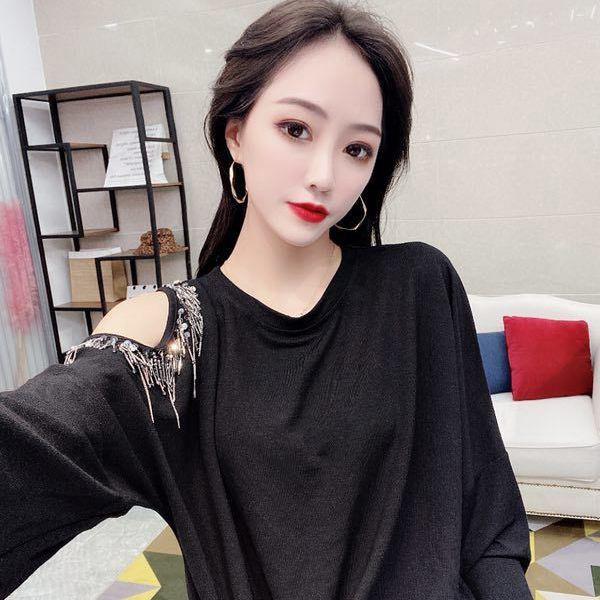 Autumn Round Neck Loose T-shirt Fashion Sexy Off-the-shoulder Tops Solid Color Diamond Coat