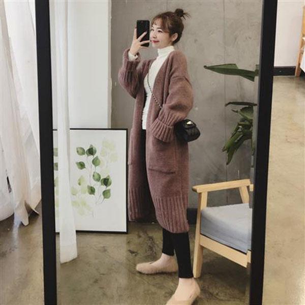 Autumn and Winter Casual Loose Sweater Mid-length Knitted Cardigan Jacket Fashion Solid Color Female Coat