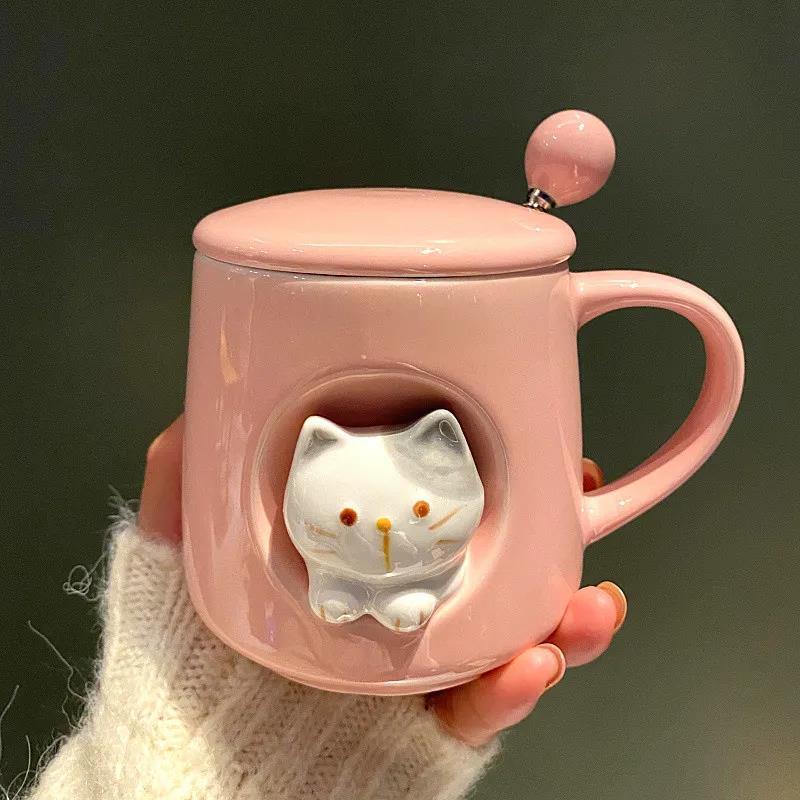 Cute and Creative Spoon Mug with Lid Korean Girl Heart Three-dimensional Ceramic Cup Male and Female Students Milk Coffee Cup