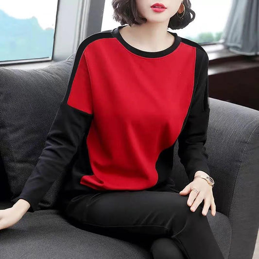 Women Stitching Color Shirt Summer Casual Pullover Long-sleeved T-shirt Boutique Bottoming Shirt