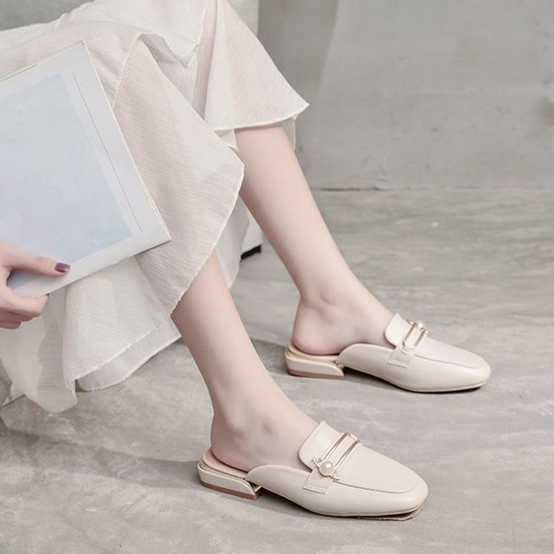 Soft Leather Baotou Half Slippers Women's Wild Half Toe Single Shoes Women's Fashion Lazy Mules