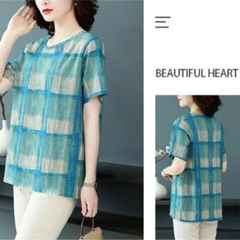 Large Size Women's Fashion Printing Mother Summer Clothes Short-sleeved Western Style Middle-aged and Elderly Tops Plaid T-shirts