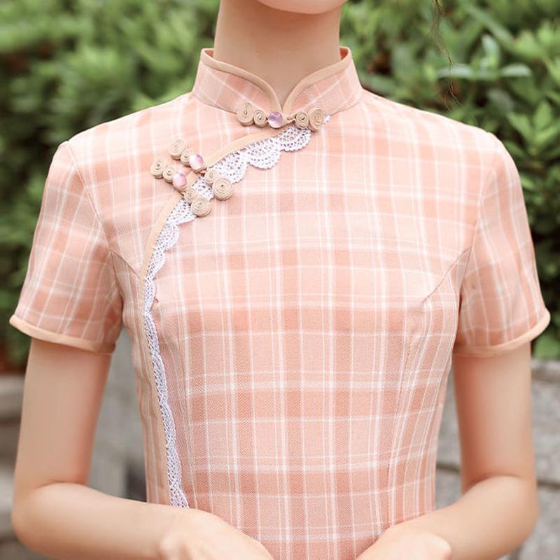 Pink Cheongsam Can Be Worn Daily In Summer Young Girl Sweet Plaid Modified Version Dress