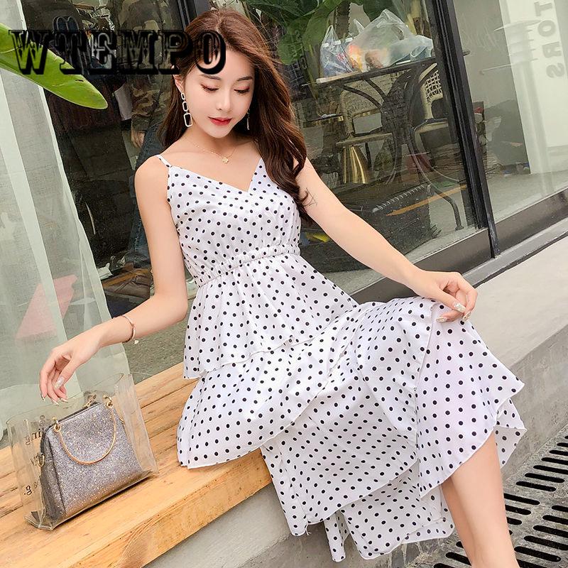 Brand Summer Sexy Dresses Women Flare Dot Sleeveless Cascading Ruffle Strap Cupcake Dress