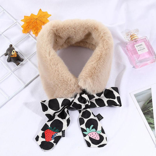 Winter Thick Imitation Rabbit Fur Scarf Printed Silk Ribbon Scarf Korean Version of Wild Warm Women's Collar