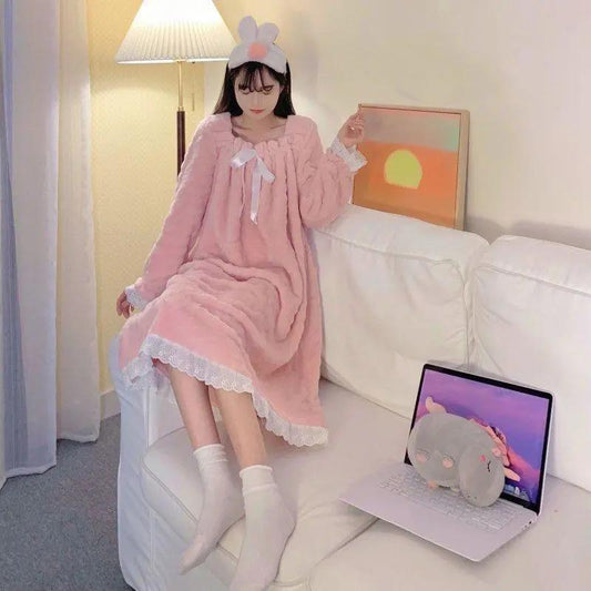 Women's Autumn Winter Coral Fleece Nightdress Thickened One-piece Pajamas Cute Bow Homewear Square Collar One-shoulder Nightdress Out Wear