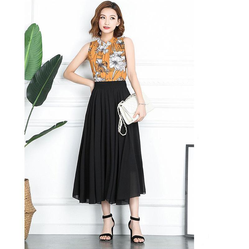 Women Vintage Elegant  High Waist A-line Chiffon Skirt Long Pleated Skirt