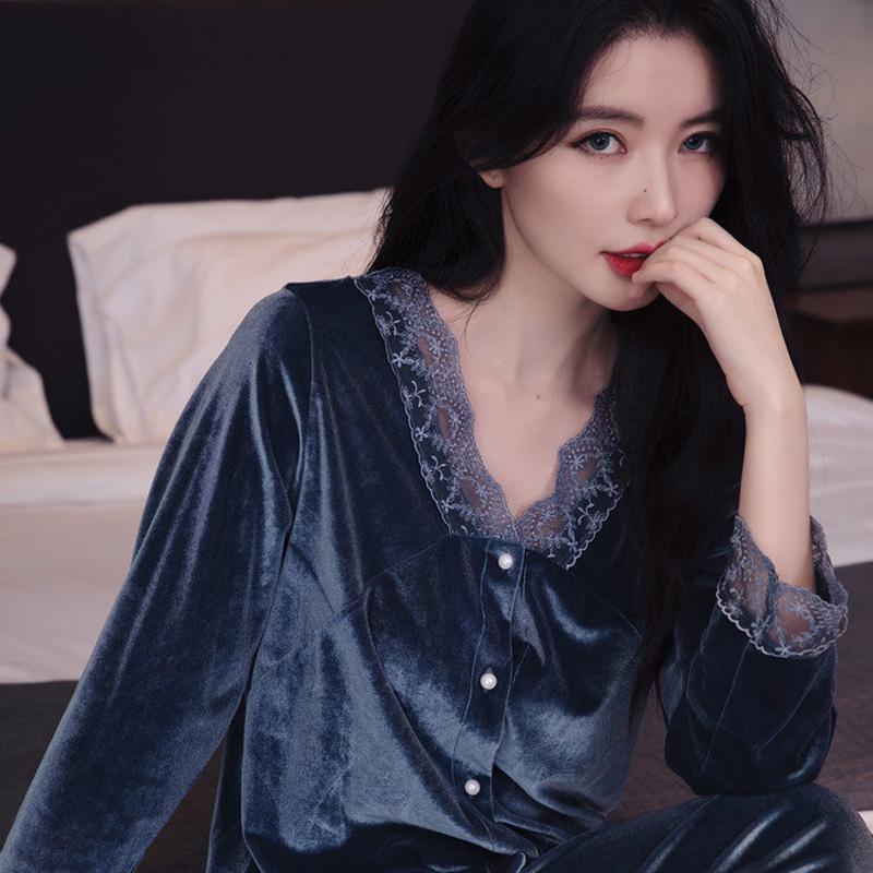 Women's Gold Velvet Pajamas Set Spring Autumn Sexy Lace Pyjamas Suit Out Wear Loose Comfortable Solid Color Thin Velvet Homewear Winter Sleeping Suit