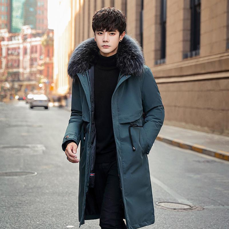 Winter Padded Jacket Men Plus Velvet Thick Mid-length Down Padded Jacket Korean Style Loose Hooded Big Fur Collar Padded Jacket Parka Coat