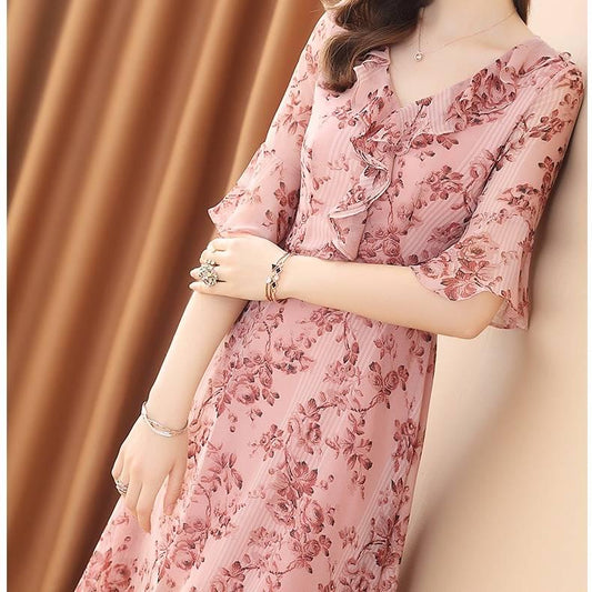 Chiffon Waist Party Dress A-line Women Ruffled Sleeve Print Floral Dress Female Vestido Plus Size