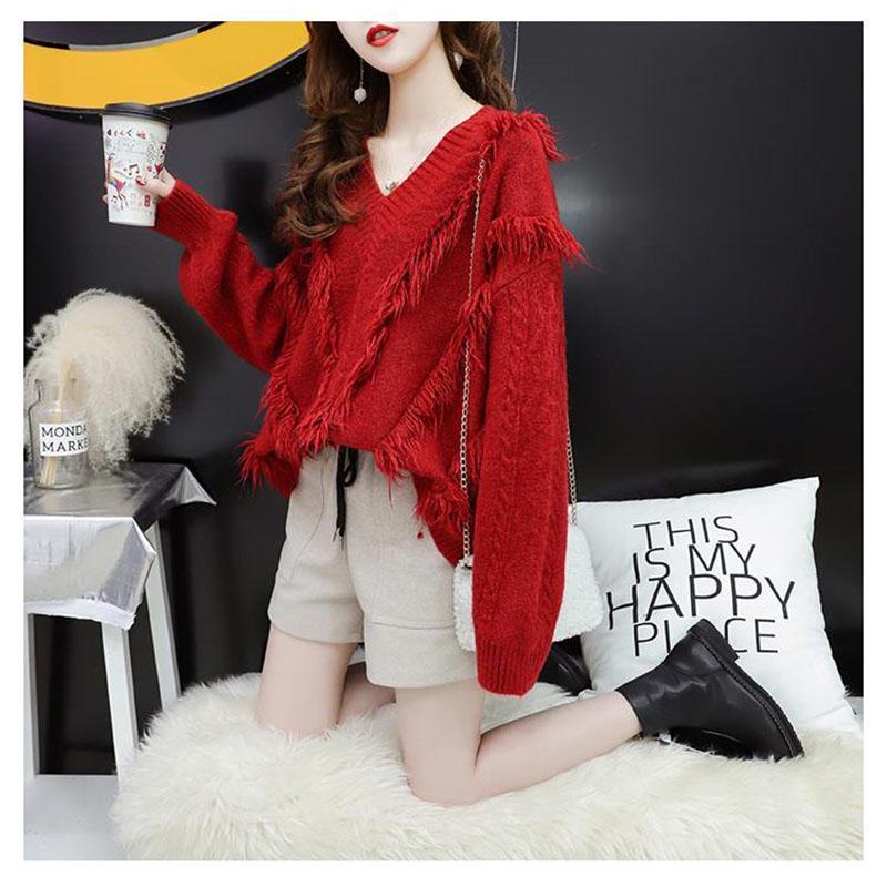 Sweater Women Red Loose Lazy Style V-neck Sweater Young Women Solid Color Fashion Top