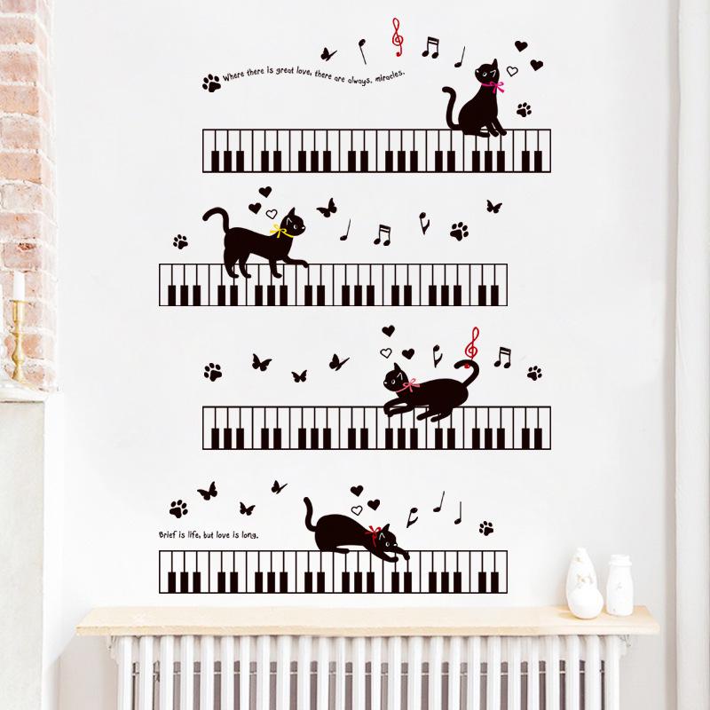 Cat child room bedroom kindergarten background wall stickers green mural on the piano music sticker