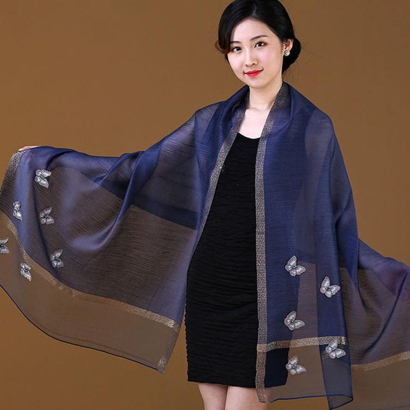 Women's Silk Scarf Mulberry Silk Scarves Autumn Winter Warm Butterfly Embroidery Shawl Long Mother Scarf Female Neck Collar Wrap Shawl Neckerchief