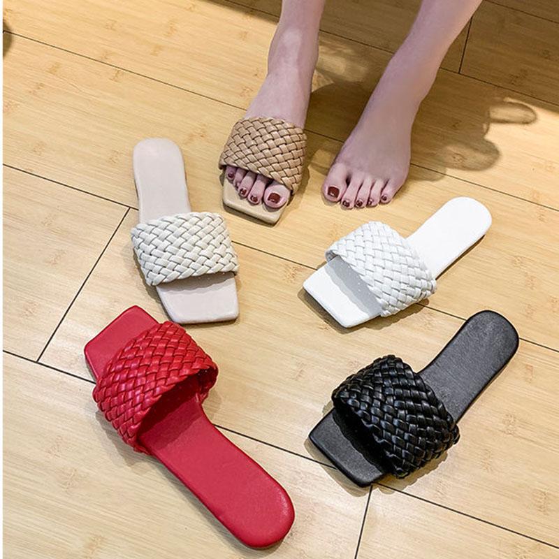 Red Leather Weaving Beach Slippers Women Summer Casual Open Toe Flat Heel Sandals Woman Comfortable Outdoor Slides Mujer