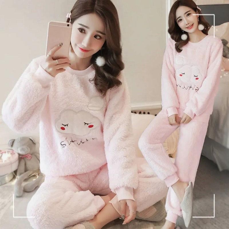 Women's Coral Fleece Pajamas Set Thickened Warm Cute Cartoon Long-sleeves Flannel House Wear Suit Comfortable Loose Sleepwear