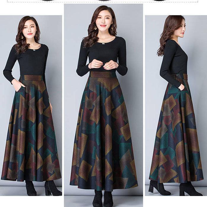 Winter Plus Size Woolen Skirt Female Printed Plaid A-line Skirt Long Maxi Skirt