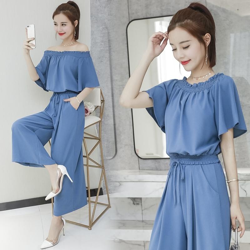 One-shoulder Women's High-waist Wide-leg Pants One-shoulder Short-sleeved Top Suit Two-piece Large Size Wide-leg Pants Two-piece