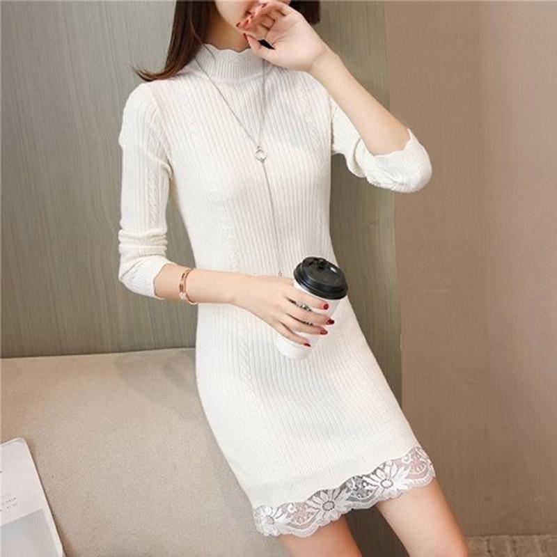 Autumn and winter long sweater women's slim collar lace while warm inside wearing a sweater