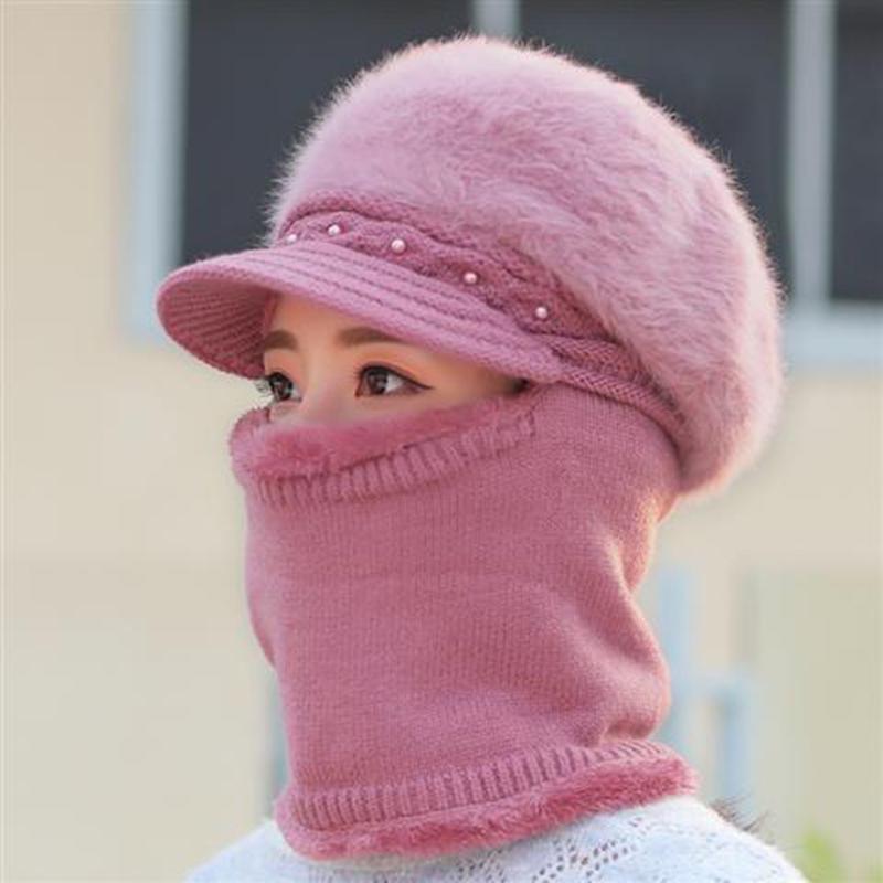 Autumn and Winter Woolen Hat Women's Bib One-piece Hat Plus Velvet Cold and Warm Ear Protection