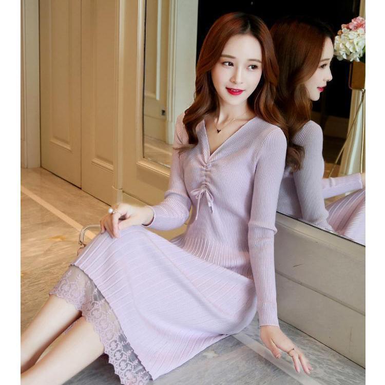 Fashion Padded V-neck Ladies Dress Mid-length Over-the-knee Bag Hip Skirt Bottoming Knit Sweater Skirt