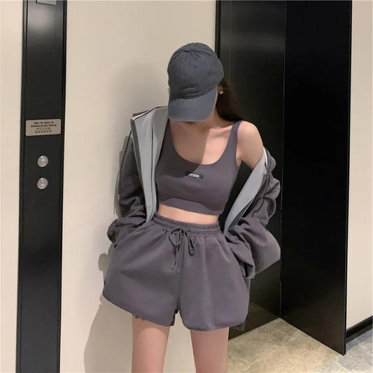 3PCS Ladies Casual Sports Suit Spring and Summer Cool Girl Loose Thin Sweater Zipper Cardigan + Vest + Wide Leg Shorts Three-piece Set Tracksuits