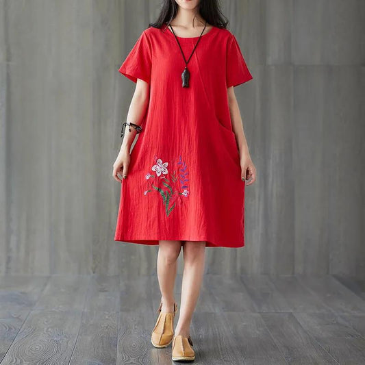 Women's Summer Cotton Hemp Loose Large Size Embroidered Dress Short Sleeve Solid Color Casual Mid-length Dress