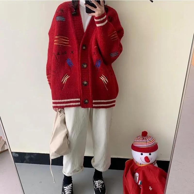 Casual Knitted Cardigan Women's Autumn   Winter Long Loose  Thick Student Embroidery Sweater Coat Fashion