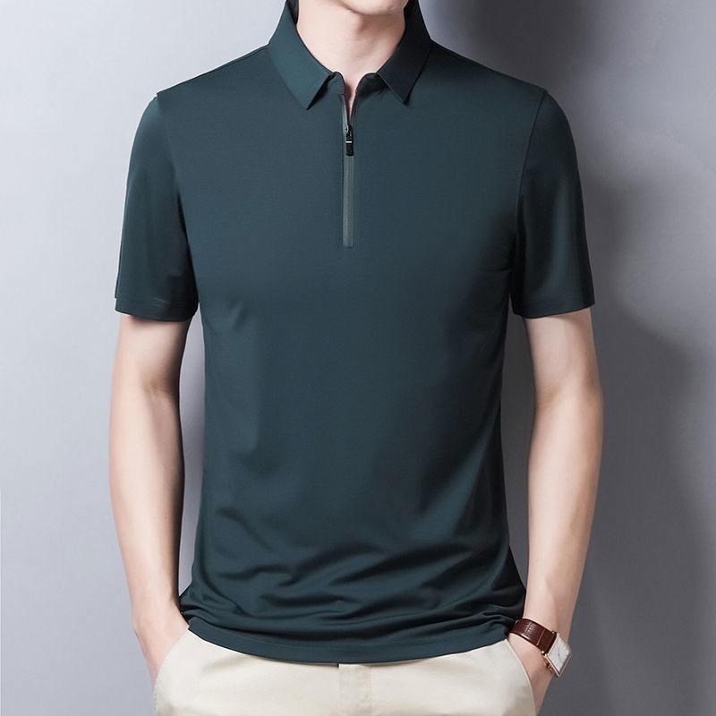 Men's Lapel Zipper T-shirt Solid Color Short-sleeved T-shirt POLO Shirt Middle-aged and Elderly Casual Tops