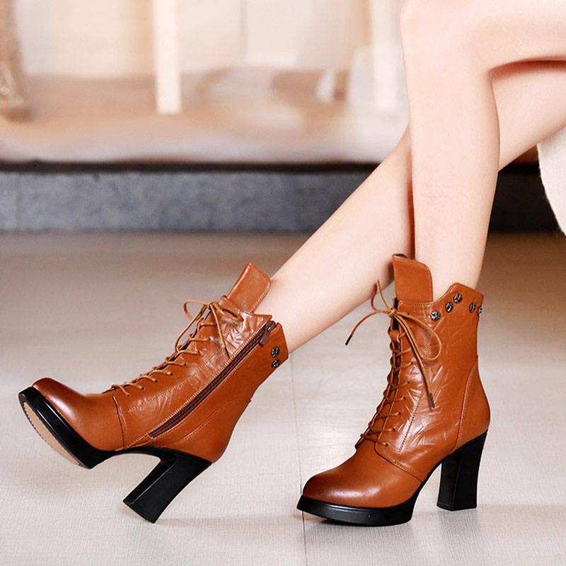 Genuine Leather Boots Ladies Footwear Women's Ankle Boots Women High Heels Booties women snow boots