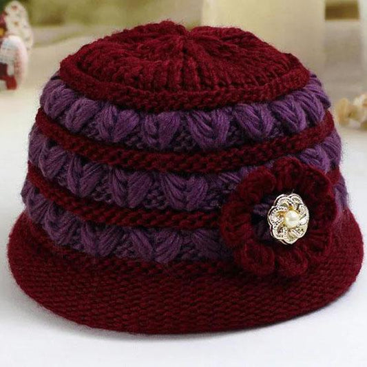 Women's Winter Hat Mother's Cotton Hat Female Knitted Windproof Hat Winter Pearl Warm Thick Woolen Hat