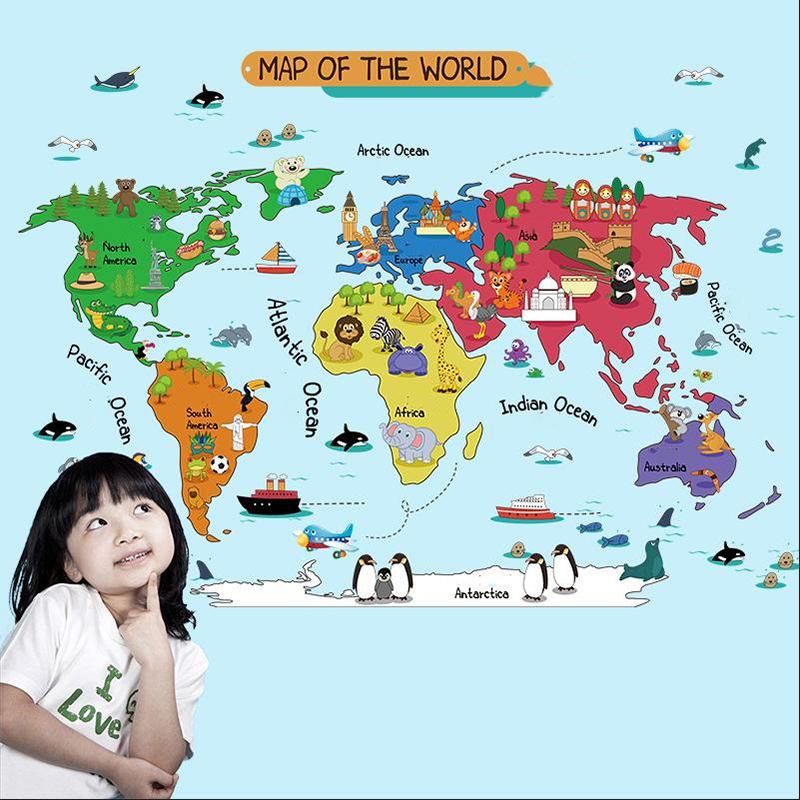 Cartoon World Map Bedroom Children's Room Removable Waterproof Wall Sticker