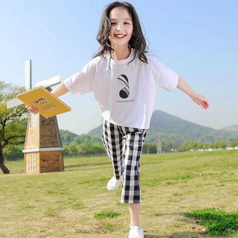 Girls' Summer Suits Big Children's Round Neck Short-sleeved Tops Girls Cotton and Linen Fashion Net Red Two-piece Suit