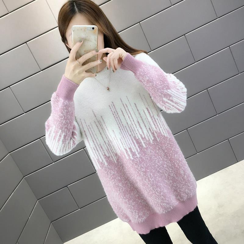 Women's Mohair Sweaters Thick Pullover Knitwear Gradient Color Round Neck Fuzzy Sweater