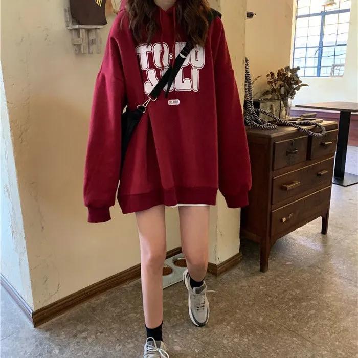 Sweater Women's Ins Plus Velvet Thickened Student Korean of The Loose BF Lazy Style Letter Printing Top Hooded Jacket Printing Pullover Sweater