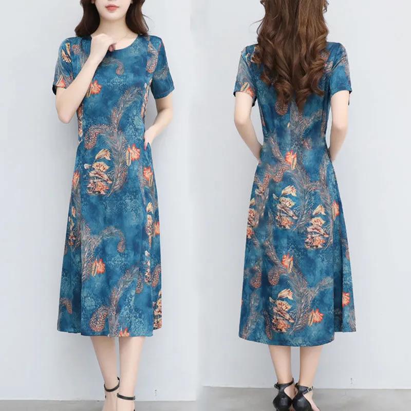 Retro Print Short-sleeved Dress Women Summer Plus Size Mid-length A-line Dress