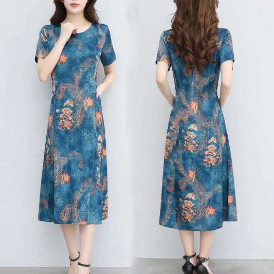 Retro Print Short-sleeved Dress Women Summer Plus Size Mid-length A-line Dress