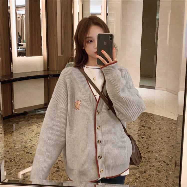 New loose wild V-neck lazy wind embroidery knit cardigan women's college wind sweater coat tide