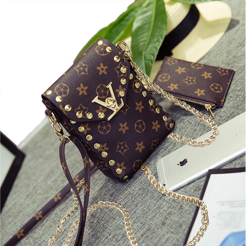 2piece Women's mobile phone bag coin purse retro printing Korean rivet small shoulder bag mini crossbody bag and clutch wallet