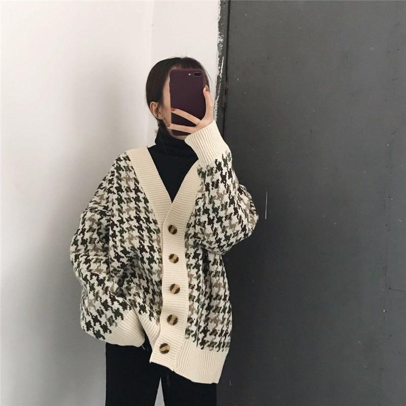 Winter Lattice Knitting Cardigan Casual Preppy Style Sweater Jumper Jacket Coat Outwear