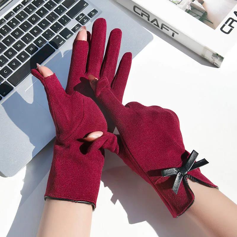 Women's Plus Velvet Warm Gloves Autumn Winter Cold Protection Mittens Korean Style Cute Sweet Bow Knot Fingerless Flip Show Two Fingers Gloves