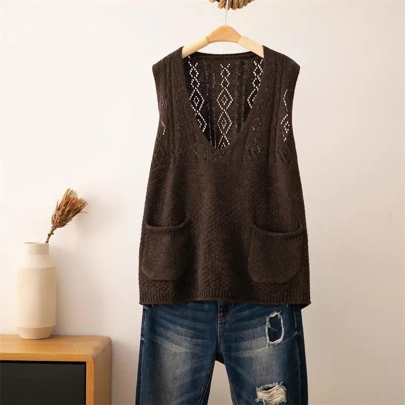 V-neck Vest Women's Spring and Autumn Wear Hollow Retro Literary and Artistic Knitted Vest Wear Loose Top