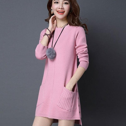 Autumn and Winter Long Round Neck Sweater Loose Pullover Solid Color Bottoming Shirt Solid Color Casual Women's Jacket