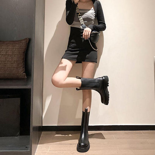 Chelsea Boots 35-43 Plus Size Thick Martin Boots Woman British Style Thick Bottom Boots Hood Boots Single Boots Black Leather Boots