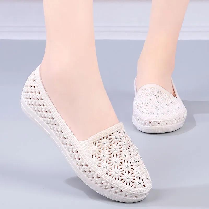 Female Solid Color Non-Slip Waterproof Breathable Slip-On Single Shoes Women's Spring Summer Large Size Flat Hollow Shoes