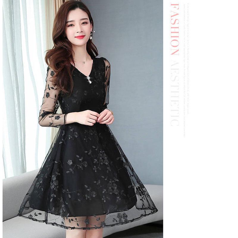 Fashion Sexy Lace Dress Spring Summer Knee-length V-neck Mesh Hollow Full Sleeve Party Dress