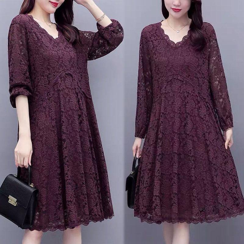 Women Solid Color Lace Long Sleeve V-neck Dress Spring and Autumn Large Size Loose Knee-length Size M-XXXXXL