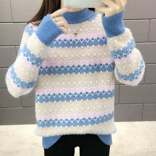 Autumn and Winter Mohair Loose Sweater Casual Jacquard Knitted Bottoming Shirt Thickened Pullover Women's Sweater