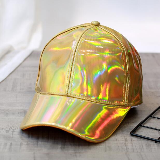 Women Men Color Gradient Shiny Metallic Laser Leather Snapback Baseball Caps