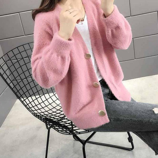 Autumn and Winter Mohair Knitted Jacket Cardigan Simple Casual Sweater Loose Long-sleeved Women's Top